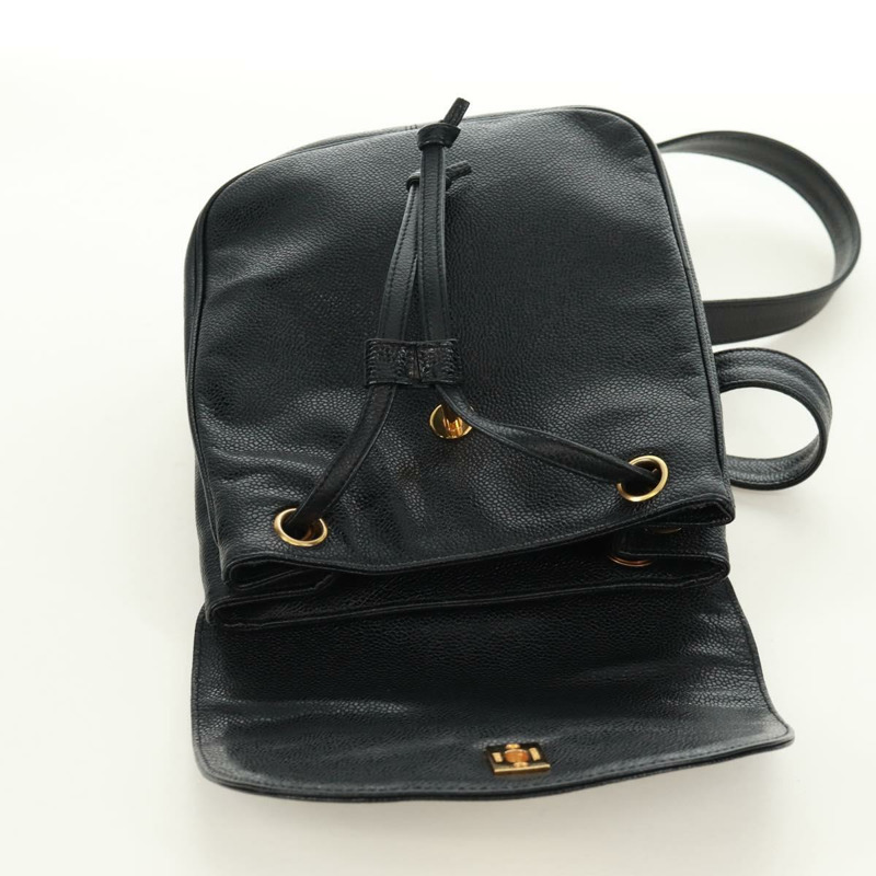 【日本直送】香奈兒 COCO 標誌雙肩包,魚子醬紋皮革,黑色金色 CC 標誌,正品 SK008SV-20