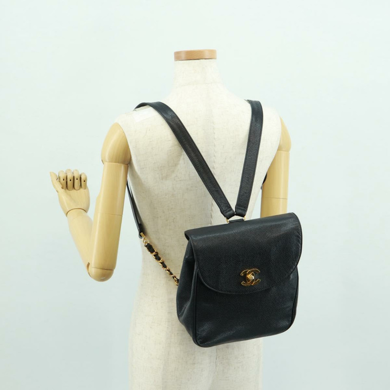 【日本直送】香奈兒 COCO 標誌雙肩包,魚子醬紋皮革,黑色金色 CC 標誌,正品 SK008SV-29