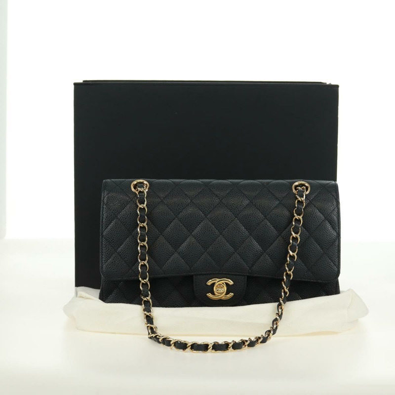 【日本直送】香奈兒雙蓋雙鏈絎縫25手袋,魚子醬皮,CC標誌,正品SK020SM-11