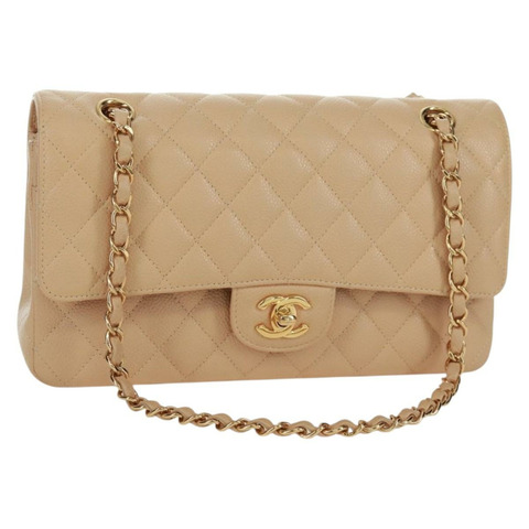 香奈兒雙蓋雙鏈絎縫25手袋，魚子醬紋小牛皮，CC標誌，正品SK012SM