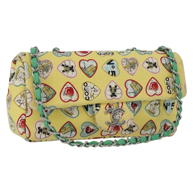 【日本直送】香奈兒 Chain Matelasse 23 肩背包 帆布 黃色 銀色 CC 標誌 Auth 168057SM-0