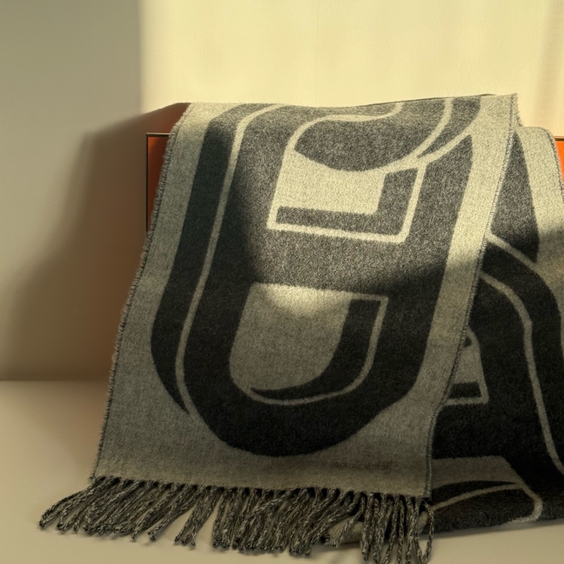 Hermes 100%cashmere百搭灰色經典Logo圍巾-0