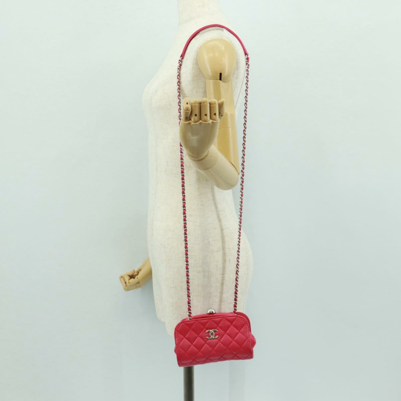 【日本直送】香奈兒 (CHANEL) 絎縫鏈條肩背包，粉紅銀色雙C標誌皮革款，貨號 171159SAM-22
