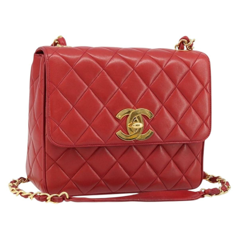 【日本直送】香奈兒 (CHANEL) 菱格紋鏈條單肩包,羊皮材質,紅色,金色雙C標誌,正品編號 170650V-0