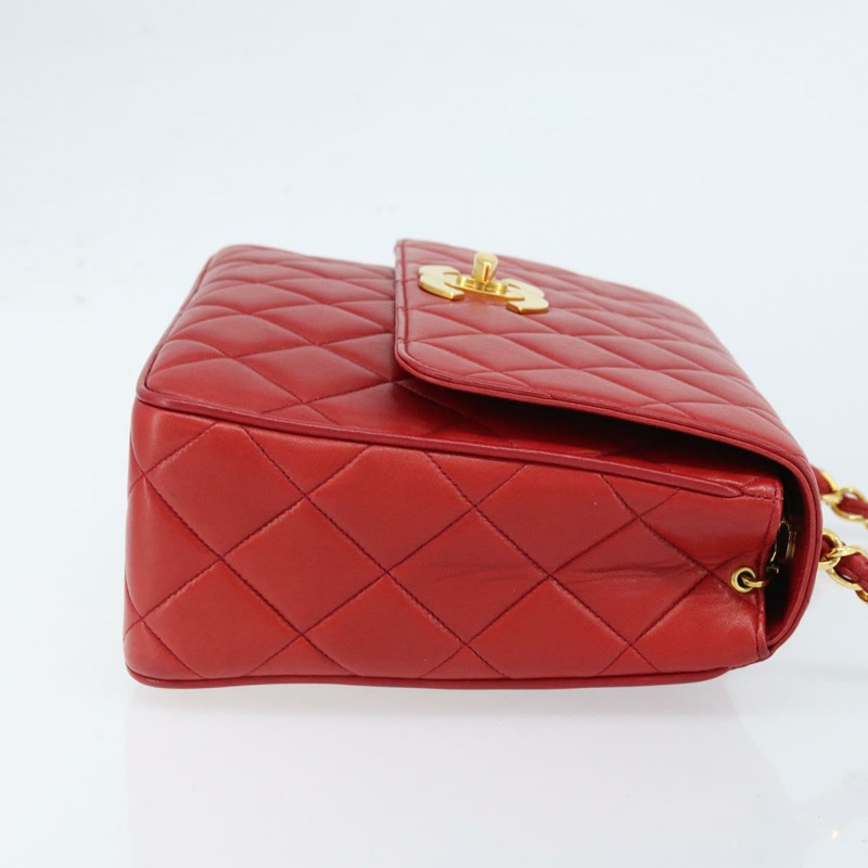 【日本直送】香奈兒 (CHANEL) 菱格紋鏈條單肩包,羊皮材質,紅色,金色雙C標誌,正品編號 170650V-2