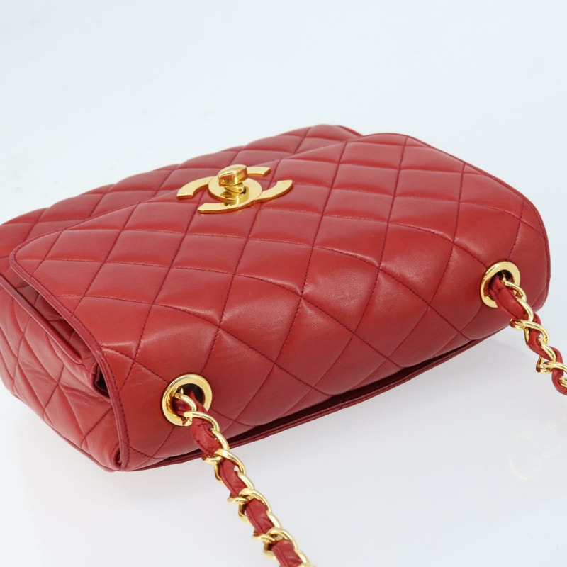 【日本直送】香奈兒 (CHANEL) 菱格紋鏈條單肩包,羊皮材質,紅色,金色雙C標誌,正品編號 170650V-5