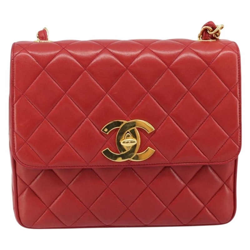 【日本直送】香奈兒 (CHANEL) 菱格紋鏈條單肩包,羊皮材質,紅色,金色雙C標誌,正品編號 170650V-12