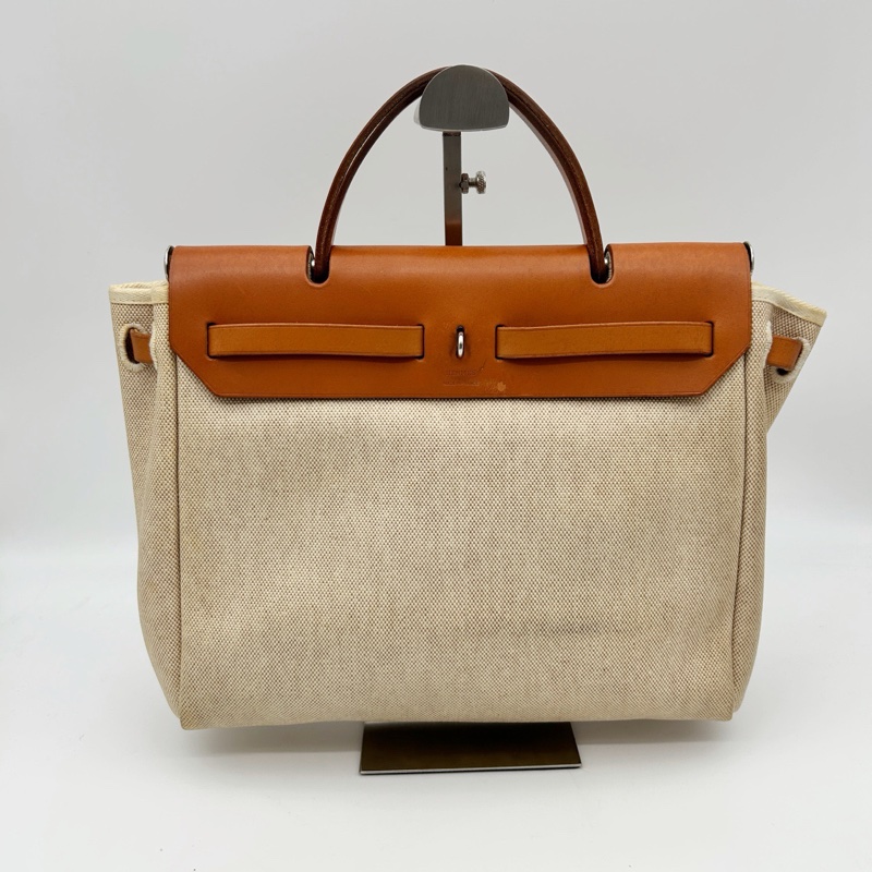 「JL精品代購」愛馬仕米色帆布拼皮2way herbag小號 附黑色替換袋-4