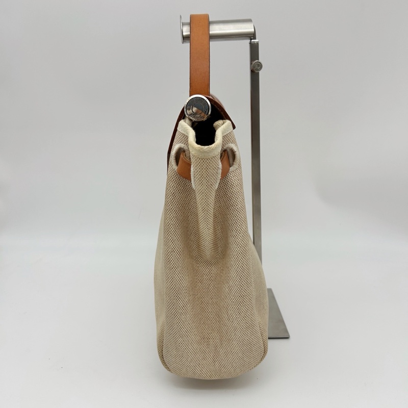 「JL精品代購」愛馬仕米色帆布拼皮2way herbag小號 附黑色替換袋-5