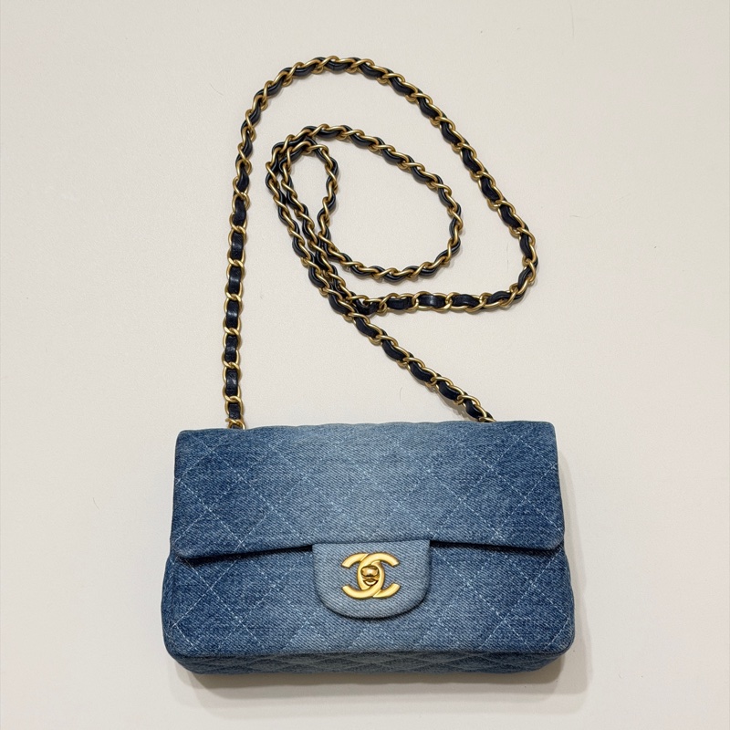 914intheair精品代購『限量品閒置』Chanel 香奈兒 漸層牛仔 大mini CF 20cm classic flag牛仔包-6
