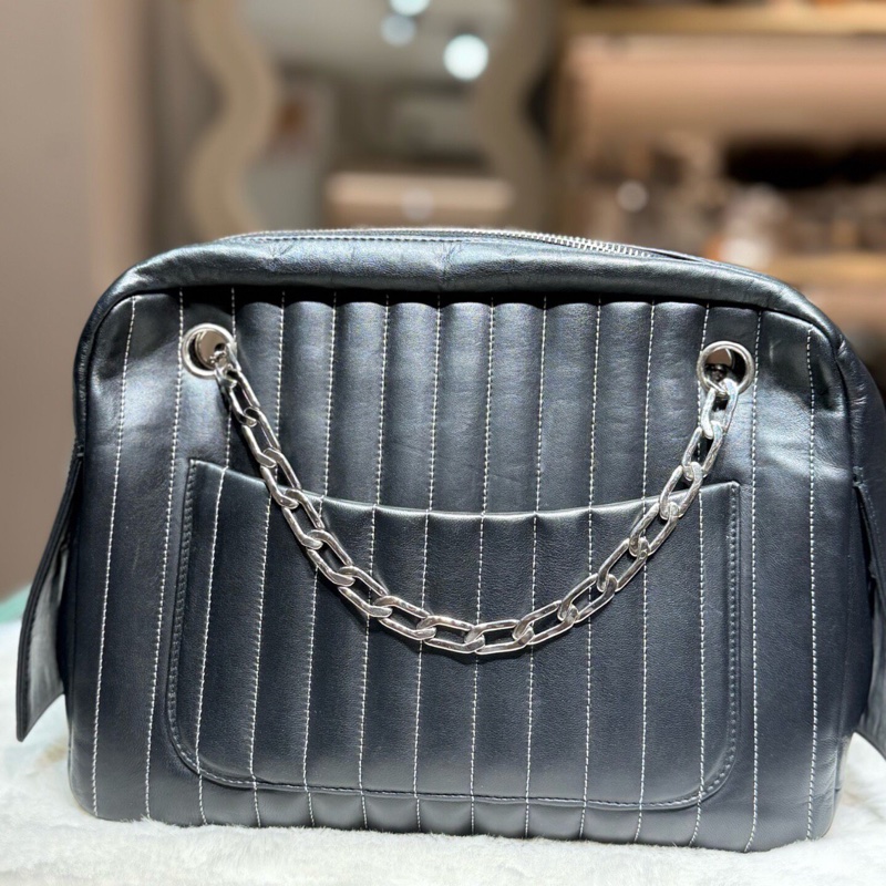 【稀有絕版✨男女通用👫🏻中性型格】Chanel 黑銀竪紋單肩|腋下包-2