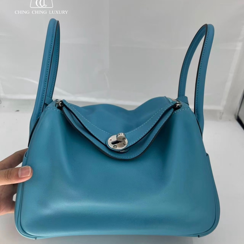 Hermes🌈Lindy 26🩵北方藍色內拼綠色銀扣🩵97.5新🌟Swift皮🌟愛馬仕🌟-0