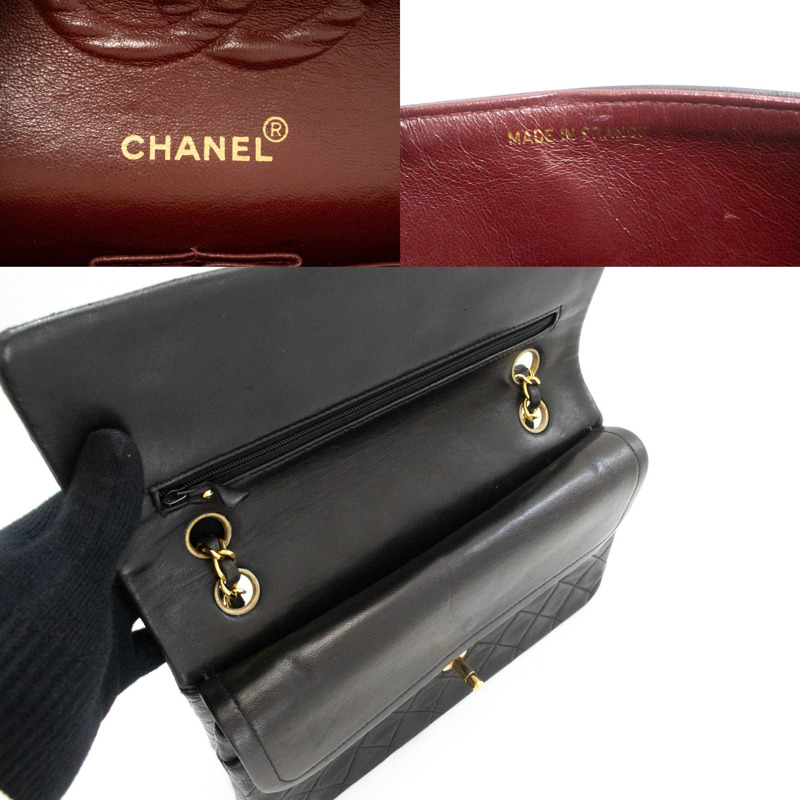 【日本直送】香奈兒經典雙蓋10吋鏈條單肩背包,黑色羊皮-7