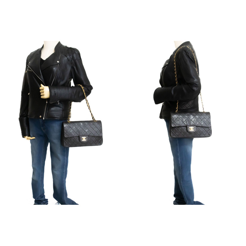 【日本直送】香奈兒經典雙蓋10吋鏈條單肩背包,黑色羊皮-11