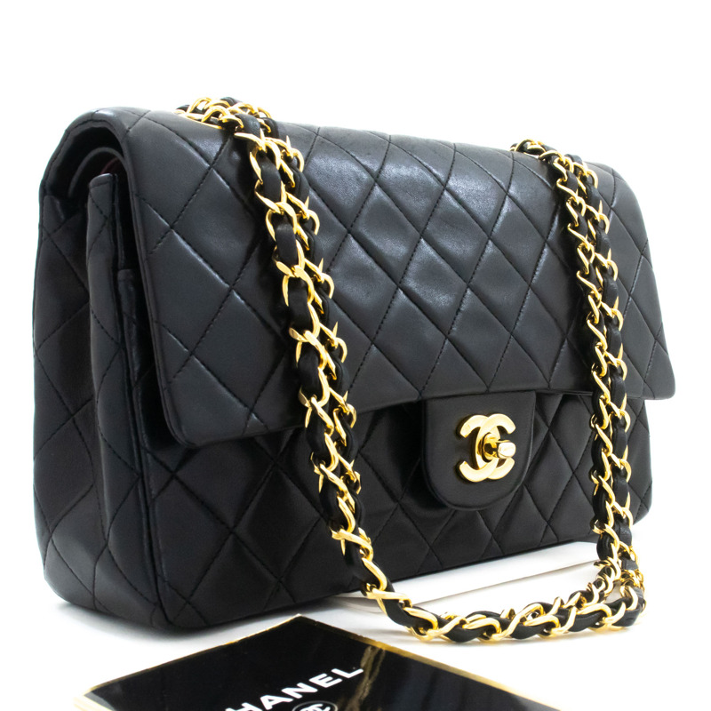 【日本直送】香奈兒經典雙蓋10吋鏈條單肩背包,黑色羊皮-0