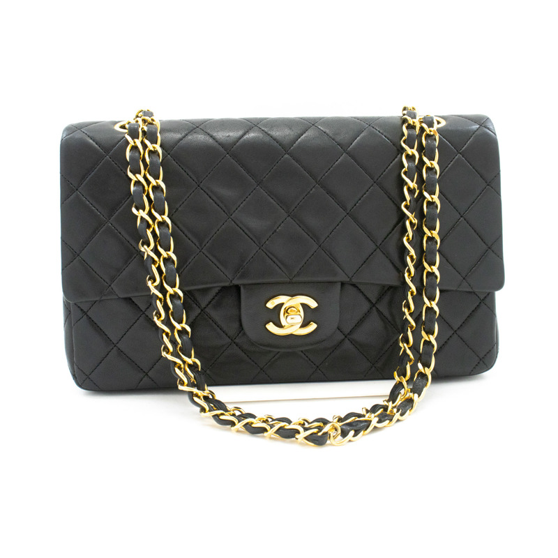 【日本直送】香奈兒經典雙蓋10吋鏈條單肩背包,黑色羊皮-1