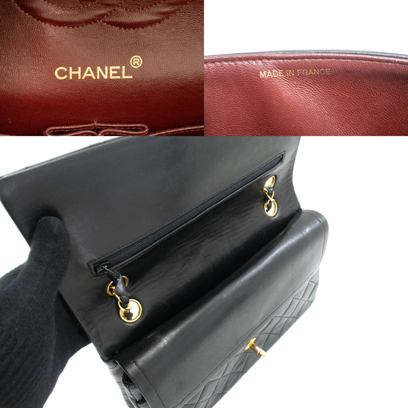 【日本直送】香奈兒經典雙蓋10吋鏈條單肩背包,黑色羊皮-7