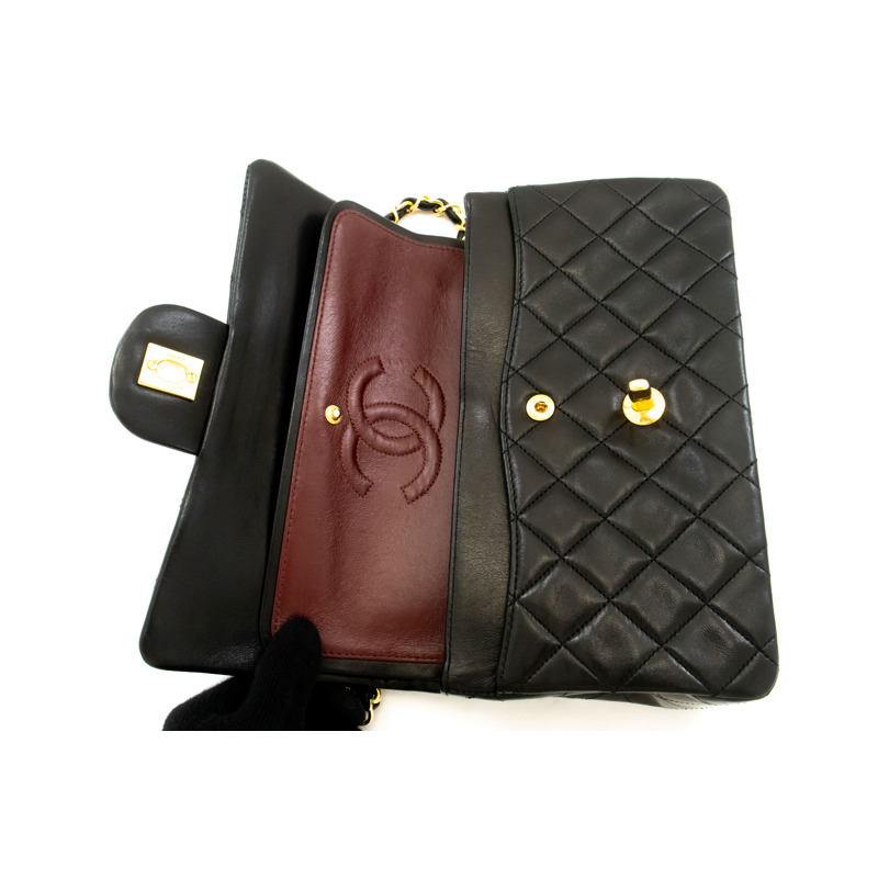 【日本直送】香奈兒經典雙蓋9吋鏈條單肩背包,黑色羊皮-10