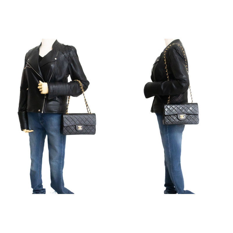 【日本直送】香奈兒經典雙蓋9吋鏈條單肩背包,黑色羊皮-11