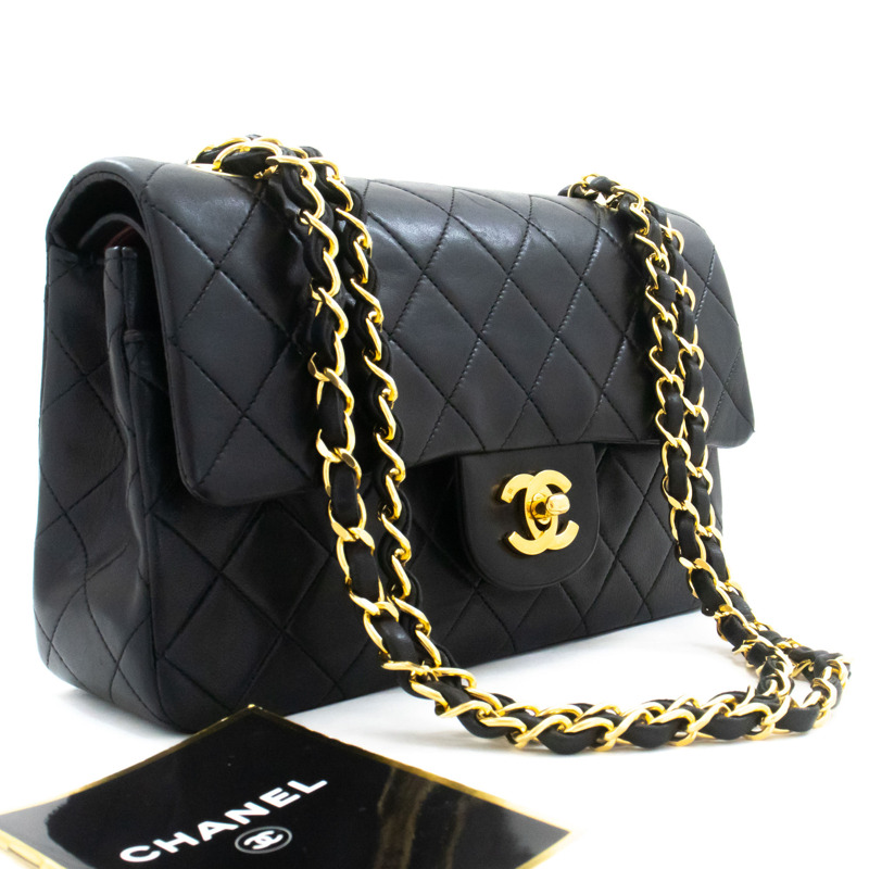 【日本直送】香奈兒經典雙蓋9吋鏈條單肩背包,黑色羊皮-0