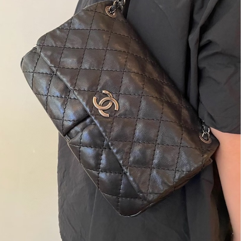 Chanel • 黑色外縫線牛皮雙口袋機場包 全網最低-2