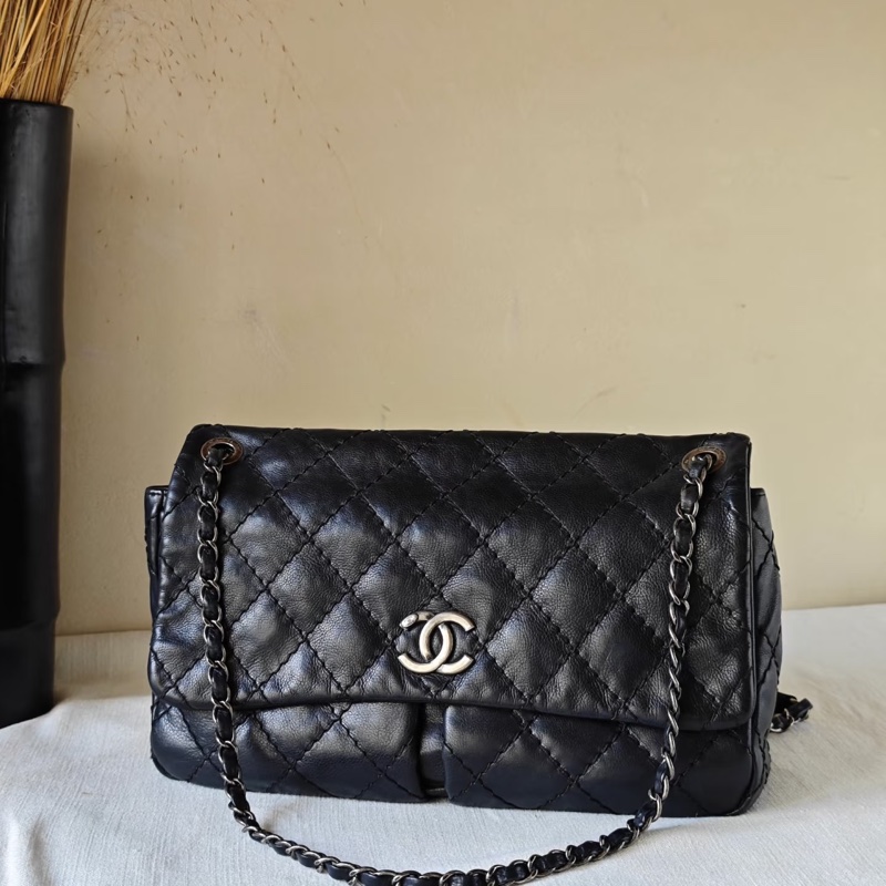 Chanel • 黑色外縫線牛皮雙口袋機場包 全網最低-3