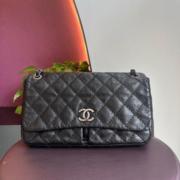 Chanel • 黑色外縫線牛皮雙口袋機場包 全網最低-4