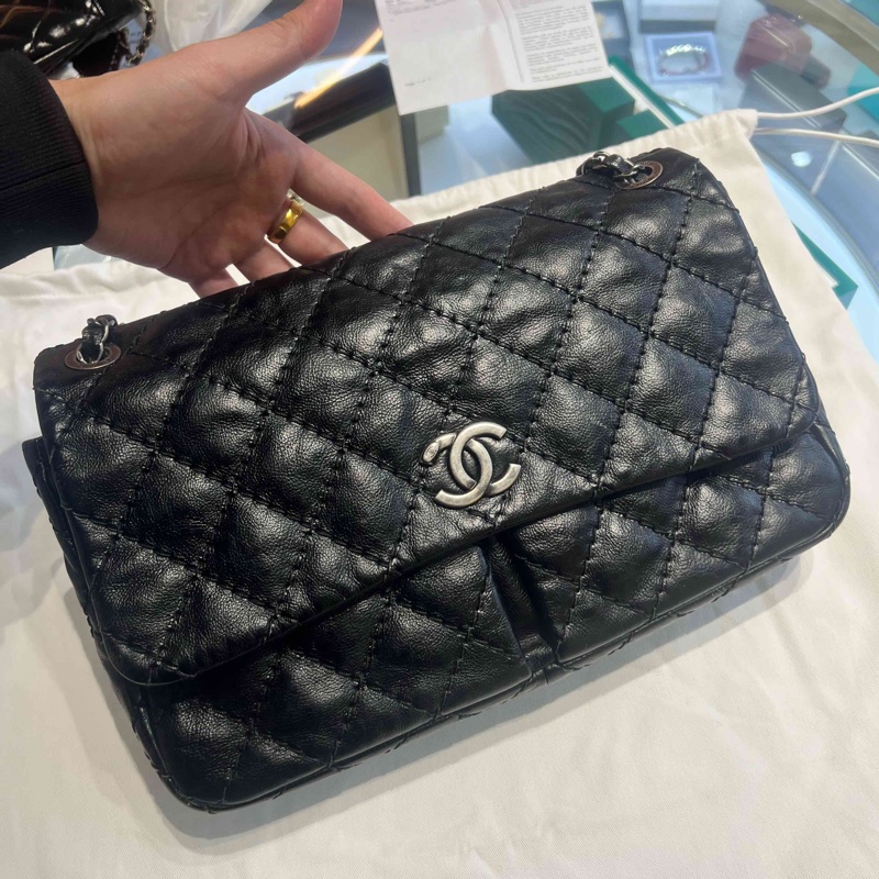 Chanel • 黑色外縫線牛皮雙口袋機場包 全網最低-7