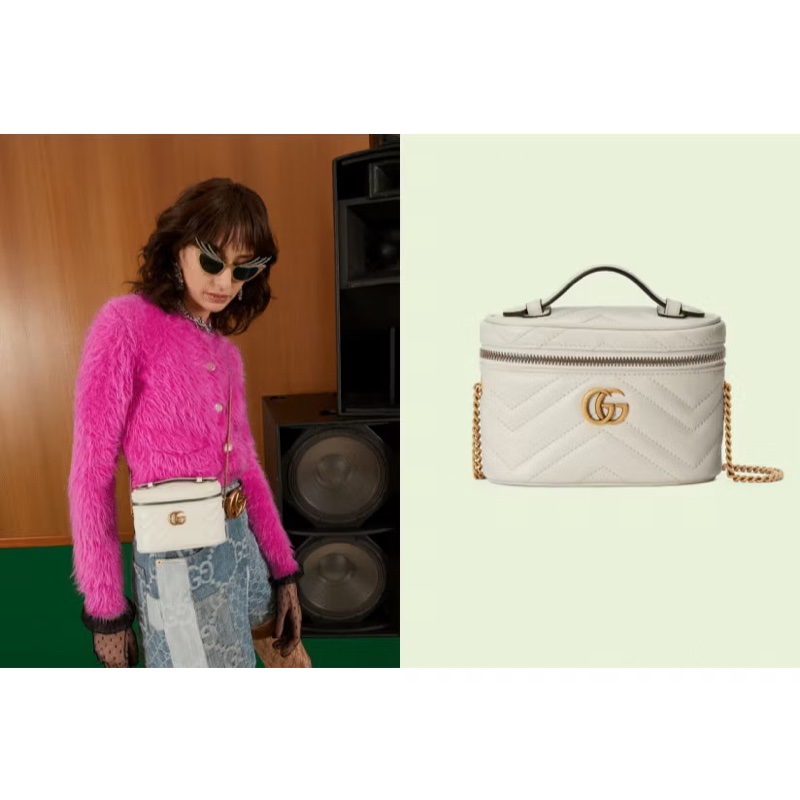 二手 金扣 白色 GUCCI GG 牛皮皮革 Marmont Mini 手提包/側背包 兩用 中古 古馳 馬蒙 小廢包-1