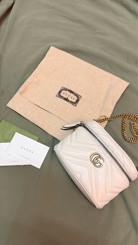 二手 金扣 白色 GUCCI GG 牛皮皮革 Marmont Mini 手提包/側背包 兩用 中古 古馳 馬蒙 小廢包