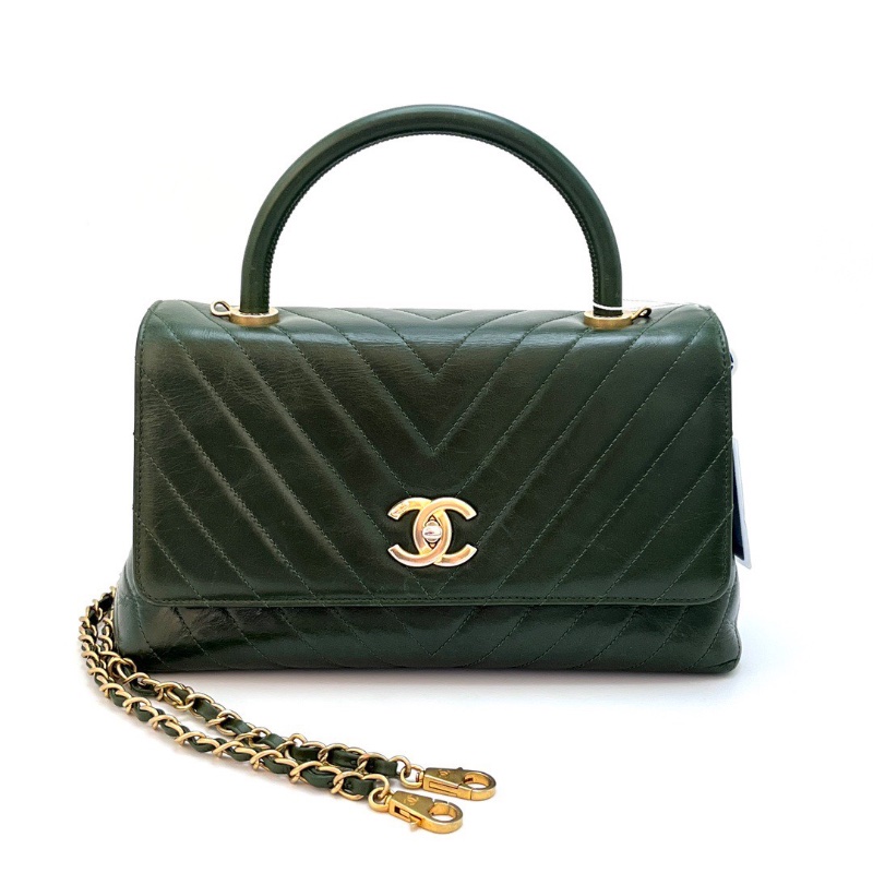 CHANEL 祖母綠金扣V紋 Cocohandle手提肩背包 29*17*10 98新配件塵袋-1