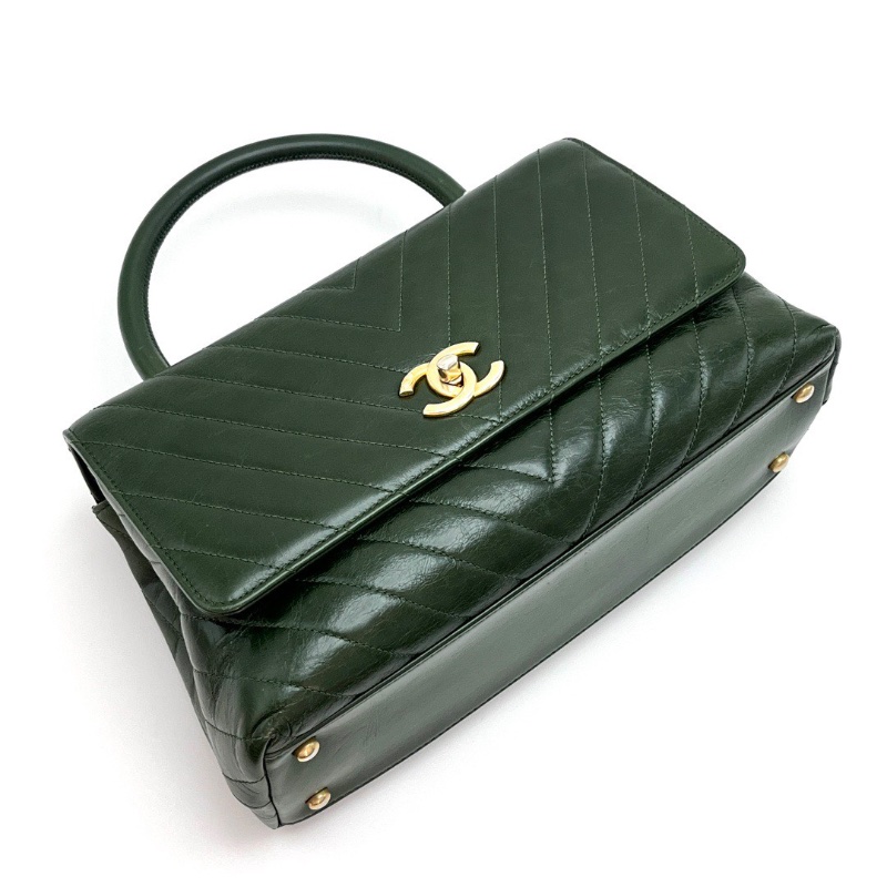 CHANEL 祖母綠金扣V紋 Cocohandle手提肩背包 29*17*10 98新配件塵袋-3