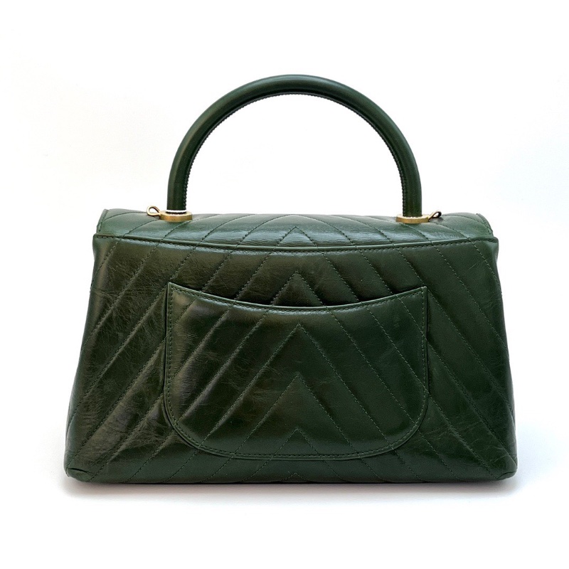 CHANEL 祖母綠金扣V紋 Cocohandle手提肩背包 29*17*10 98新配件塵袋-6