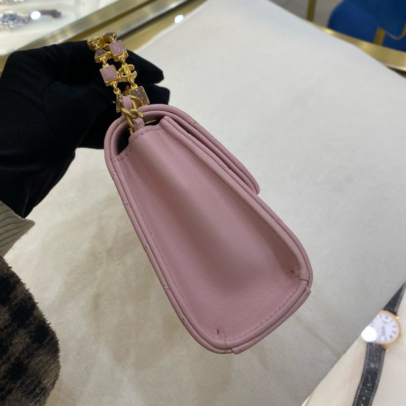 Chanel 粉紅色琺瑯手柄Kelly 羊皮-9