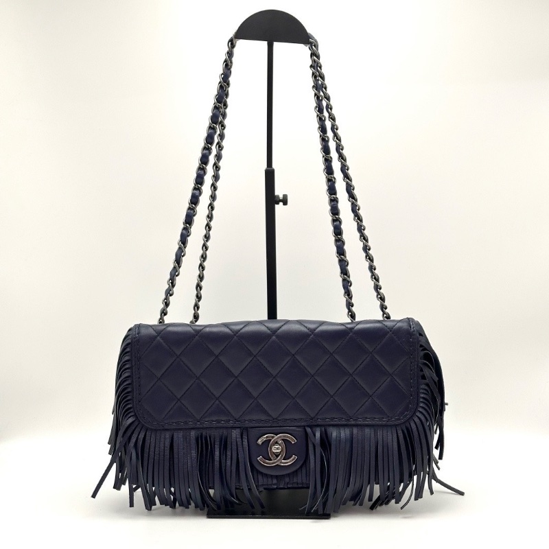 CHANEL 限量款藍銀菱格紋流蘇肩背斜背包28*13.5*6.5 98新配件塵袋-1