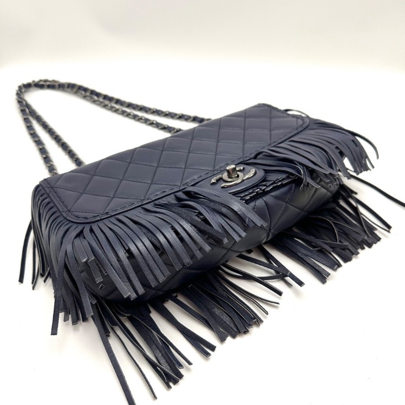 CHANEL 限量款藍銀菱格紋流蘇肩背斜背包28*13.5*6.5 98新配件塵袋-3