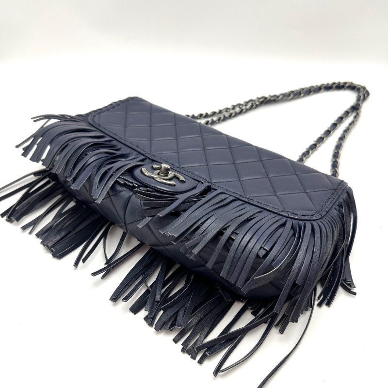 CHANEL 限量款藍銀菱格紋流蘇肩背斜背包28*13.5*6.5 98新配件塵袋-5