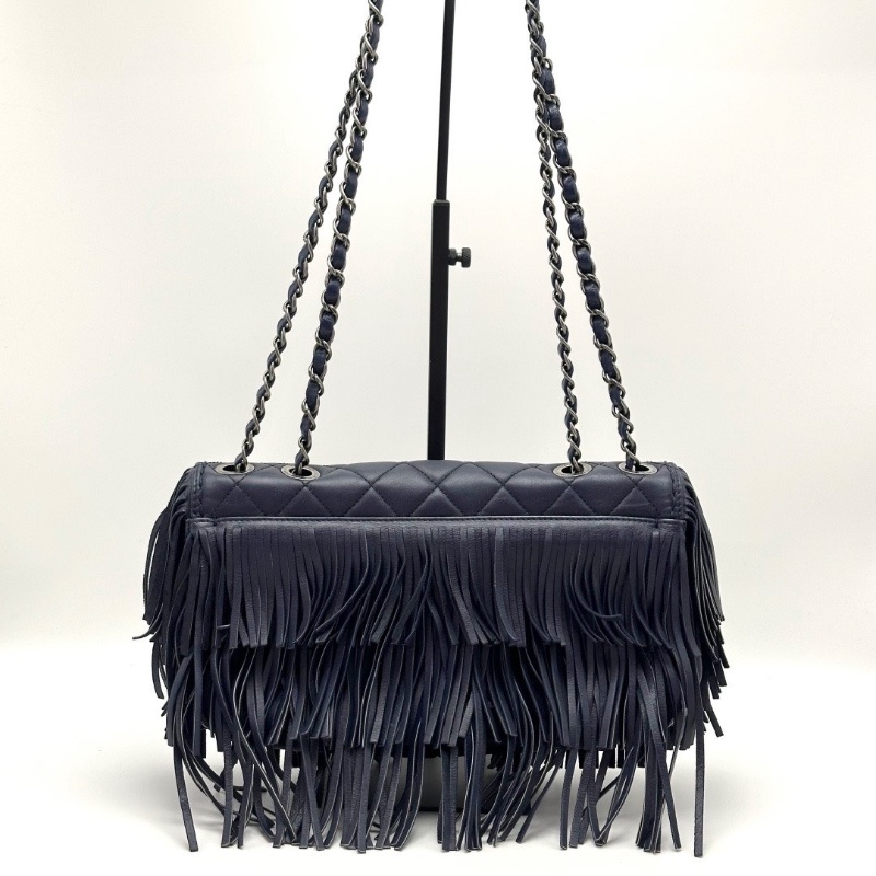 CHANEL 限量款藍銀菱格紋流蘇肩背斜背包28*13.5*6.5 98新配件塵袋-6