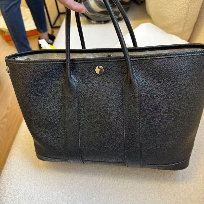 Hermes 愛馬仕 Garden part花園30 黑銀 U刻 銀扣 小牛皮手提包-0