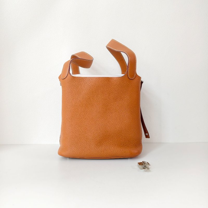 hermes 愛馬仕 菜籃子 22 Togo 皮 金棕色 銀扣 T 刻 2015 年 22*22*17cm 97 新-0