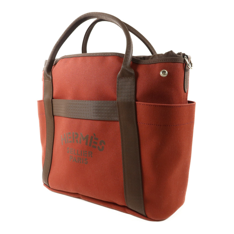 HERMES 帆布Grooming Bag銀扣手挽肩背兩用袋Rouge H/Chocolate-2