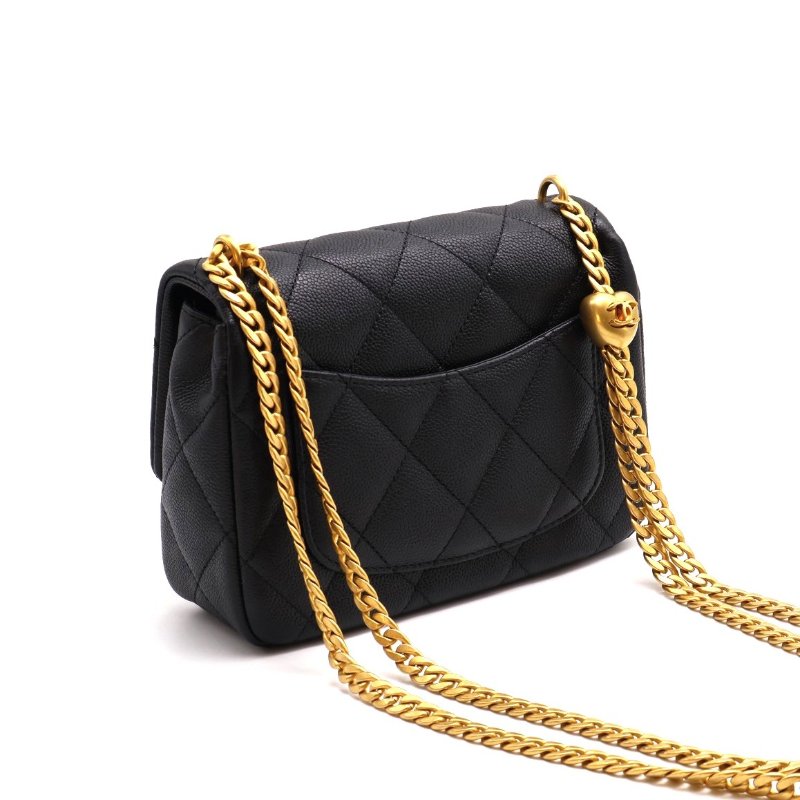 CHANEL 愛心調節釦口蓋包 20 - 粒面牛皮黑金-2