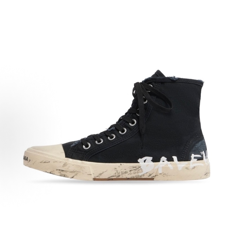 Balenciaga巴黎世家 Paris High Top Graffiti 棉質 高幫系帶 時尚板鞋 男款 黑色 做舊-0