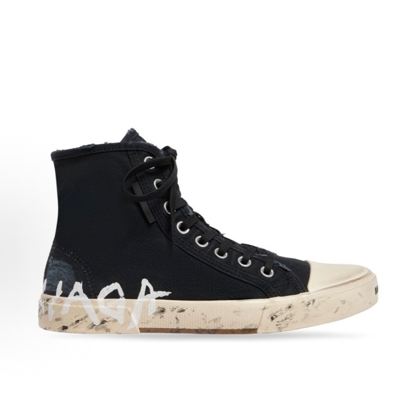 Balenciaga巴黎世家 Paris High Top Graffiti 棉質 高幫系帶 時尚板鞋 男款 黑色 做舊-1