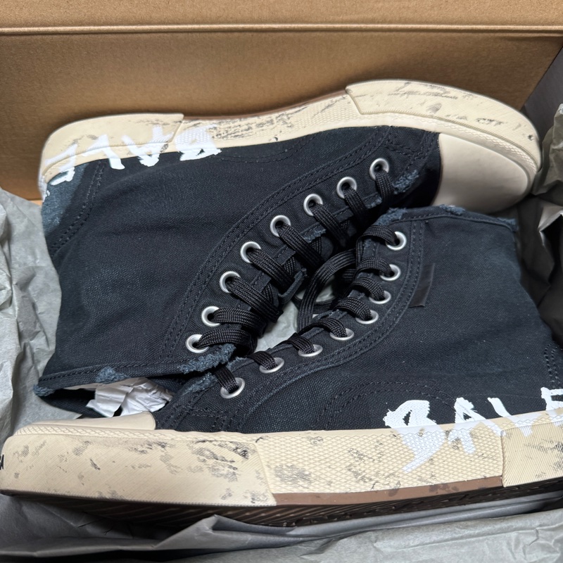 Balenciaga巴黎世家 Paris High Top Graffiti 棉質 高幫系帶 時尚板鞋 男款 黑色 做舊-4