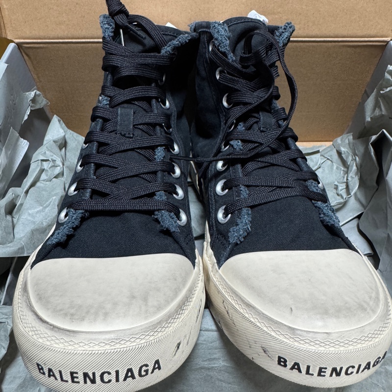 Balenciaga巴黎世家 Paris High Top Graffiti 棉質 高幫系帶 時尚板鞋 男款 黑色 做舊-5