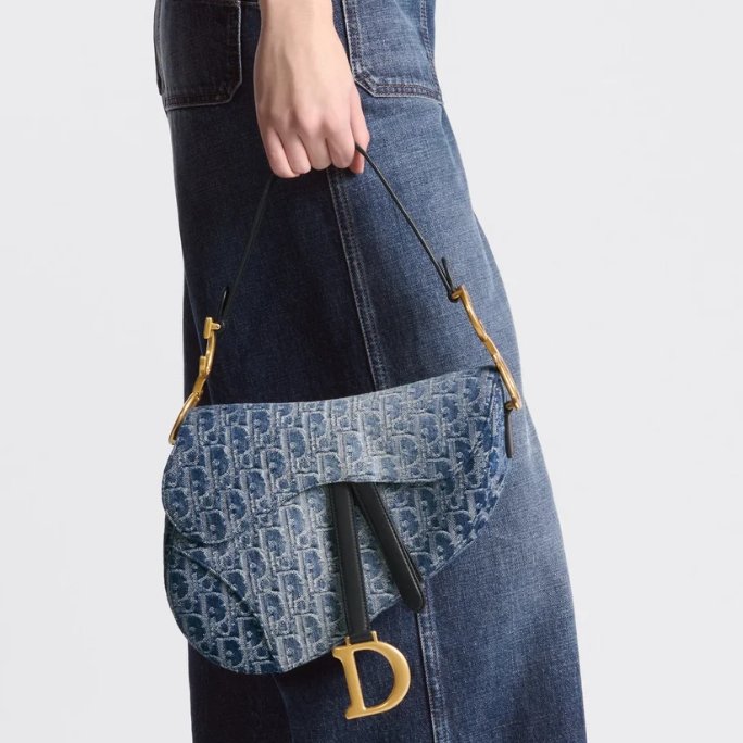 DIOR 全新Oblique緹花刺繡單寧馬鞍包-0