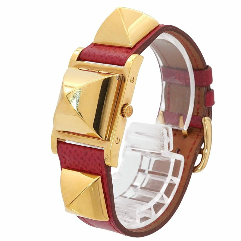 愛馬仕 Medor 女士金字塔金鉚釘腕錶，白色和紅色皮革錶帶，石英機芯-2
