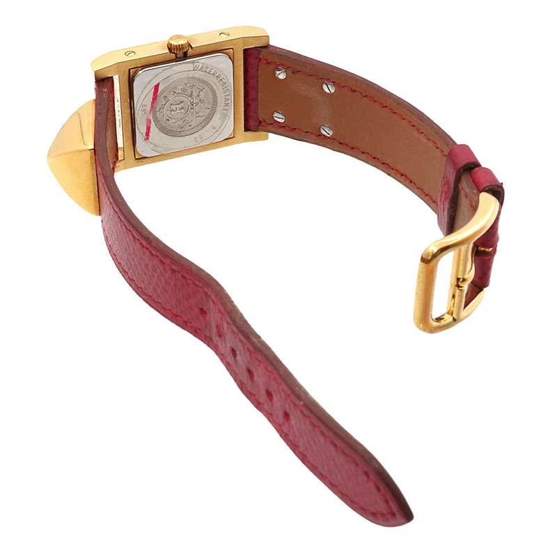 愛馬仕 Medor 女士金字塔金鉚釘腕錶，白色和紅色皮革錶帶，石英機芯-4