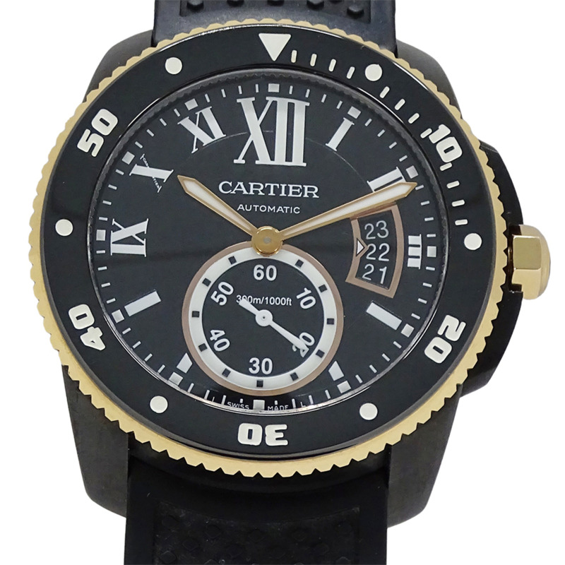 卡地亞 Calibre Diver 男士腕錶，碳纖維錶殼，日期顯示，自動上鍊，型號 AT W2CA0004，橡膠錶帶，PG 材質，玫瑰金錶殼，黑色錶盤-1